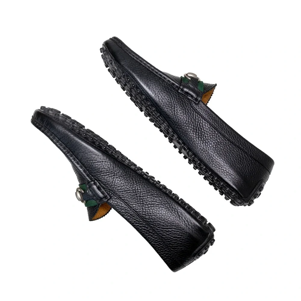 Gucci Mens Black Pebble Leather Horsebit Web Driving Loafers UK 8G US 9G w/ Box